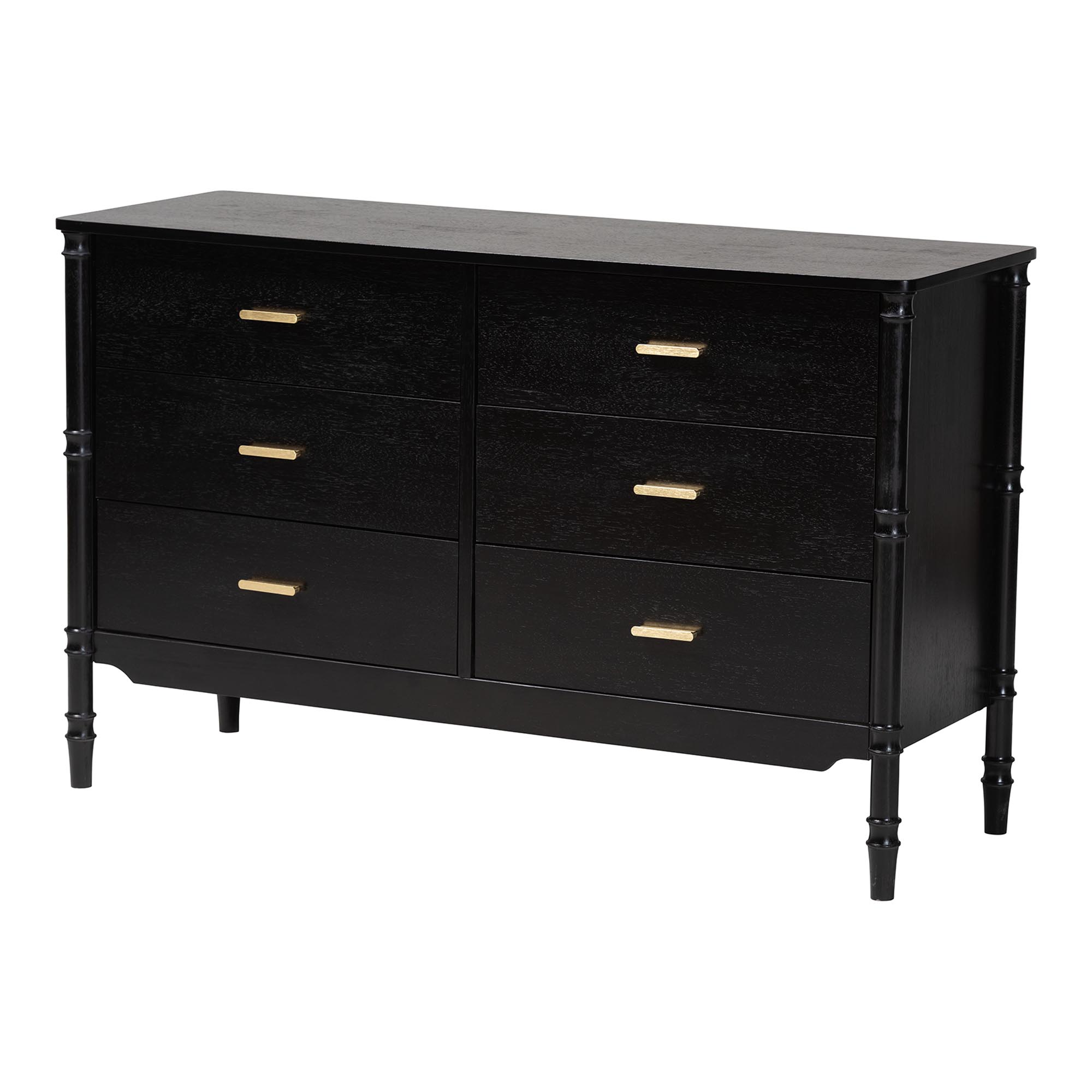Baxton Studio Marisela Black Wood Dresser with Drawers - Bamboo-Inspired Legs and Brass Handles, 6-Drawer Modern Transitional Bedroom Storage Unit